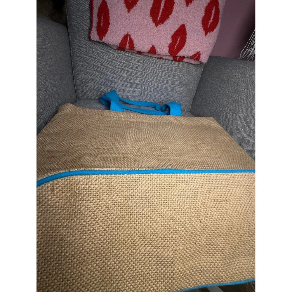 Simply Southern Sail Away Jute Tote Bag Blue Tan Nautical Beach Bag